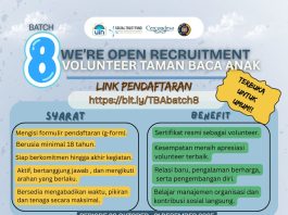 Open Recruitment Volunteer Taman Baca Anak Batch 8 Kembali Dibuka, Yuk Jadi Bagian dari Keseruannya!